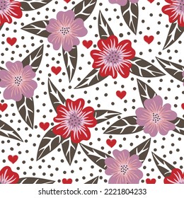 Seamless pattern of flowers, hearts and polka dots on white background. Floral design print to social media,  textile, wallpaper, wrapping paper, flyer, home decor