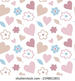 Seamless pattern with flowers and hearts. Romantic print with flowers. Girly vector illustration.