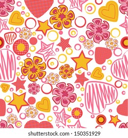 Seamless pattern with flowers, hearts and stars. Happy Valentine's Day. Vector illustration. EPS 8.