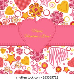 Seamless pattern with flowers, hearts and stars. Greeting card. Happy Valentine's Day. Vector illustration. EPS 10.