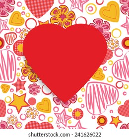 Seamless Pattern with Flowers, hearts, stars and a Red Paper Heart Symbol in the middle. Happy Valentine's Day. Vector illustration EPS 10 