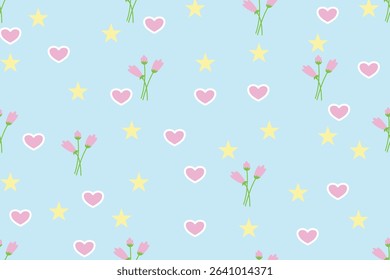 seamless pattern with flowers hearts and stars