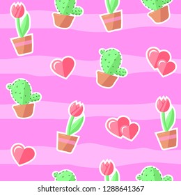 Seamless pattern with flowers and hearts stickers. Cute cactus and tulip on a pink background. 