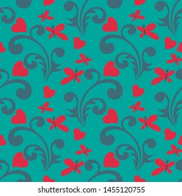 Seamless pattern with flowers and hearts. Vector romantic illustration. Design element for fabric, wallpaper or wrapping paper.