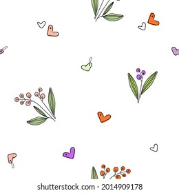 patrón impecable con flores y corazones. Patrón muy lindo con flores de estilo doodle. Para envolver papel, regalo, imprimir en tela.