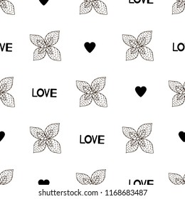 Seamless pattern with flowers, hearts and words Love. Vector illustration