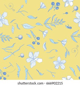Seamless pattern with flowers, herbs and berries