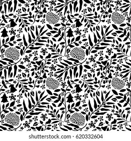 Seamless pattern. Flowers, herbs, leaves, branches, berries on white background