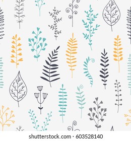 Seamless pattern with flowers and herbs, plants, vector floral background
