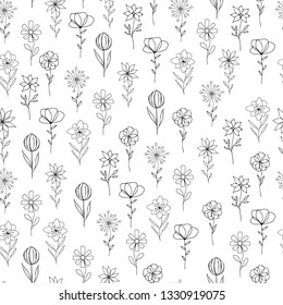 Seamless pattern with flowers and herbs. Scandinavian background. Nature style.