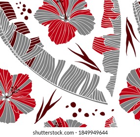 Seamless pattern with flowers of hibiscus and banana leaves. The floral repeating texture on a white. Hand drawn tropical background. Print for fabric and textile industry.