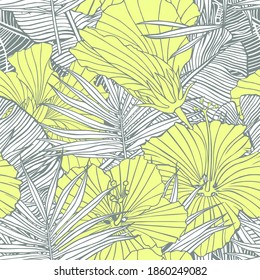 Seamless pattern with flowers of hibiscus, banana, and palm leaves. Yellow blossoms with gray outlines. Repeating texture. A drawing with ink contours of plants. Tropical trendy exotic floral backgroud