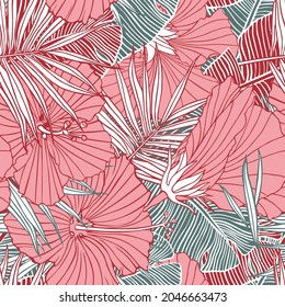 
Seamless pattern with flowers of hibiscus, banana, and palm leaves. Texture with blossoms. Floral print with foliage. Tropical trendy exotic background. A drawing with ink contours of plants.