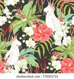 Seamless pattern with flowers Hibiscus, Orchid, leaves and white parrot Cockatoo. Vector illustration in vintage style on dark background.