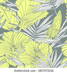 Seamless pattern with flowers of hibiscus and palm tree leaves. Yellow blossoms on a gray. Repeating texture. A drawing with ink contours of hibiscus. Tropical trendy exotic floral background.