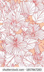 Patrón sin foco con flores de hibisco. Borde rojo y flores blancas en un fondo naranja. Textura repetitiva. Dibujo con bordes de tinta de hibisco. Papel de pared exótico de flores vintage tropical.