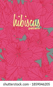 Seamless pattern with flowers of hibiscus. Red outline and pink blossoms on a gray. Repeating linear texture. A drawing with ink contours of hibiscus. Tropical trendy exotic floral background.