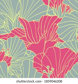 Seamless pattern with flowers of hibiscus. Red and gray blossoms with yellow outlines. Repeating linear texture. A drawing with ink contours of hibiscus. Tropical trendy exotic floral background.