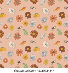 Seamless pattern with flowers, hippie concept. Hand drawn flat vector illustration.