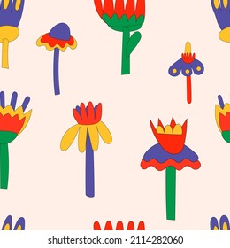 Patrón inexorable de flores en el estilo hippie de los años 60-70 para tela, embalaje, impresión, papel pintado, sitio web.