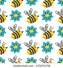 Seamless pattern with flowers and honeybee. Vector illustration. Design element for fabric, wallpaper or wrapping paper.