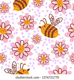 Seamless pattern with flowers and honeybee. Vector illustration. Design element for fabric, wallpaper or wrapping paper.