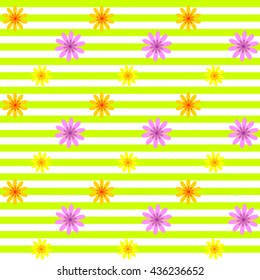 Seamless pattern with flowers and horizontal stripes. Summer pattern. Fashion colors. Vector illustration.