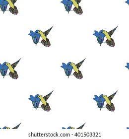 Seamless pattern with flowers and a humming-bird