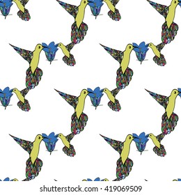 Seamless pattern with flowers and a humming-bird