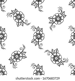 Patrón de flores en estilo indio. Antecedentes dibujados a mano por Mehndi henna para papel textil, envoltorio, rayado. Ilustración vectorial de material aislada en fondo transparente.