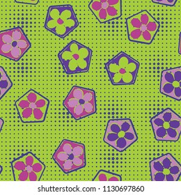 Seamless pattern of flowers inscribed in pentagons. Easily editable.
Against the background of the right rows of small stars of different sizes.
