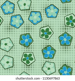 Seamless pattern of flowers inscribed in pentagons. Easily editable.
Against the background of the right rows of small stars of different sizes.
