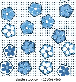 Seamless pattern of flowers inscribed in pentagons. Easily editable.
Against the background of the right rows of small stars of different sizes.