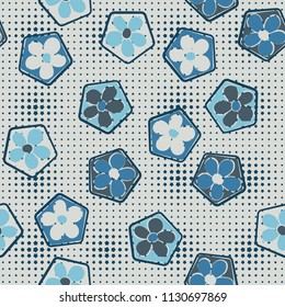 Seamless pattern of flowers inscribed in pentagons. Easily editable.
Against the background of the right rows of small stars of different sizes.