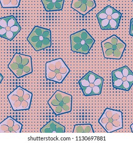 Seamless pattern of flowers inscribed in pentagons. Easily editable.
Against the background of the right rows of small stars of different sizes.