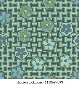 Seamless pattern of flowers inscribed in pentagons. Easily editable.
Against the backdrop of the texture consisting of striped squares located in chess rows