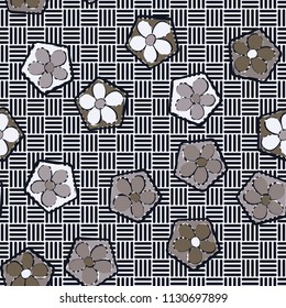 Seamless pattern of flowers inscribed in pentagons. Easily editable.
Against the backdrop of the texture consisting of striped squares located in chess rows