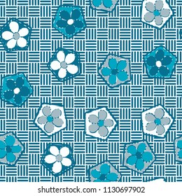 Seamless pattern of flowers inscribed in pentagons. Easily editable.
Against the backdrop of the texture consisting of striped squares located in chess rows