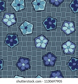Seamless pattern of flowers inscribed in pentagons. Easily editable.
Against the backdrop of the texture consisting of striped squares located in chess rows