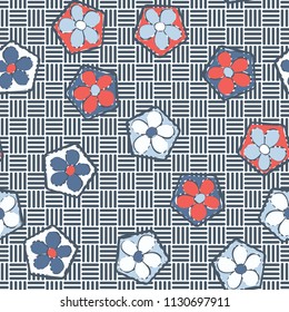 Seamless pattern of flowers inscribed in pentagons. Easily editable.
Against the backdrop of the texture consisting of striped squares located in chess rows