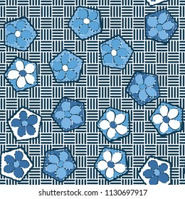 Seamless pattern of flowers inscribed in pentagons. Easily editable.
Against the backdrop of the texture consisting of striped squares located in chess rows