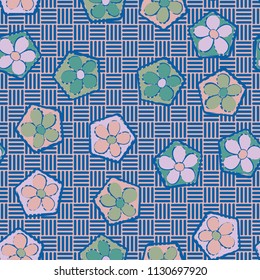 Seamless pattern of flowers inscribed in pentagons. Easily editable.
Against the backdrop of the texture consisting of striped squares located in chess rows