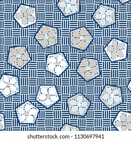 Seamless pattern of flowers inscribed in pentagons. Easily editable.
Against the backdrop of the texture consisting of striped squares located in chess rows