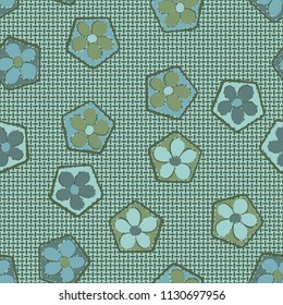 Seamless pattern of flowers inscribed in pentagons. Easily editable.
Against the backdrop of a texture consisting of small mutually perpendicular ovals.