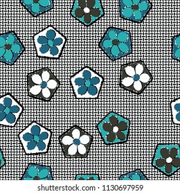 Seamless pattern of flowers inscribed in pentagons. Easily editable.
Against the backdrop of a texture consisting of small mutually perpendicular ovals.