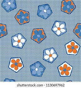 Seamless pattern of flowers inscribed in pentagons. Easily editable.
Against the backdrop of a texture consisting of small mutually perpendicular ovals.