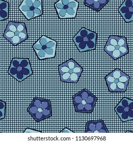 Seamless pattern of flowers inscribed in pentagons. Easily editable.
Against the backdrop of a texture consisting of small mutually perpendicular ovals.