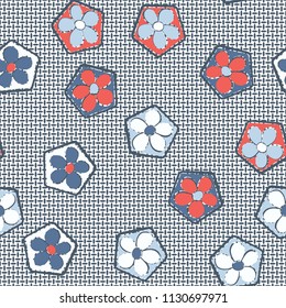 Seamless pattern of flowers inscribed in pentagons. Easily editable.
Against the backdrop of a texture consisting of small mutually perpendicular ovals.