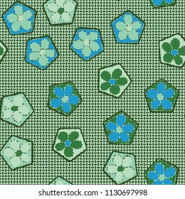 Seamless pattern of flowers inscribed in pentagons. Easily editable.
Against the backdrop of a texture consisting of small mutually perpendicular ovals.