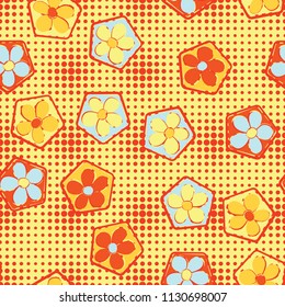 Seamless pattern of flowers inscribed in pentagons. Easily editable.
Against the background of a texture consisting of small round spots of different sizes.